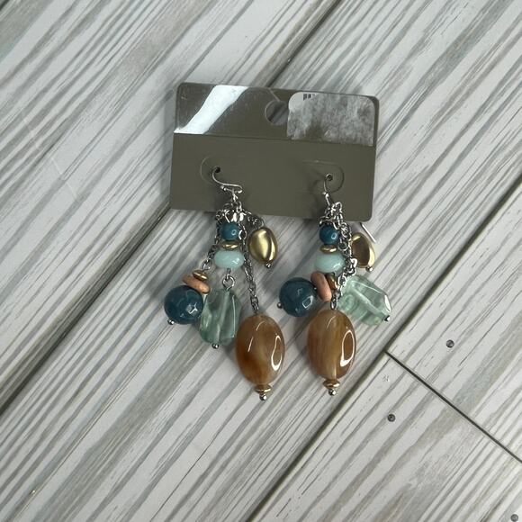 Chico's Women's Drop Beaded Dangly Silver Earrings NWT Tan Green Gold - Picture 2 of 3